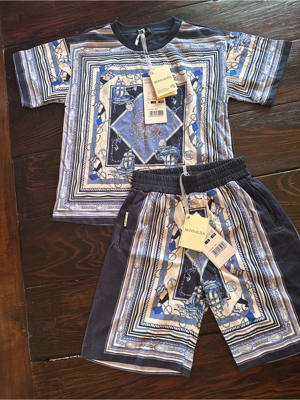 MonnaLisa Blue and White Nautical-Print Kids short Set